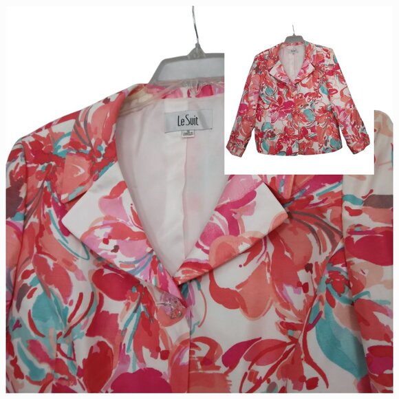 Le Suit | Multicolor Floral 3 Button Blazer Jacket Pink Coral Turquoise  | Sz 16 - Picture 1 of 10